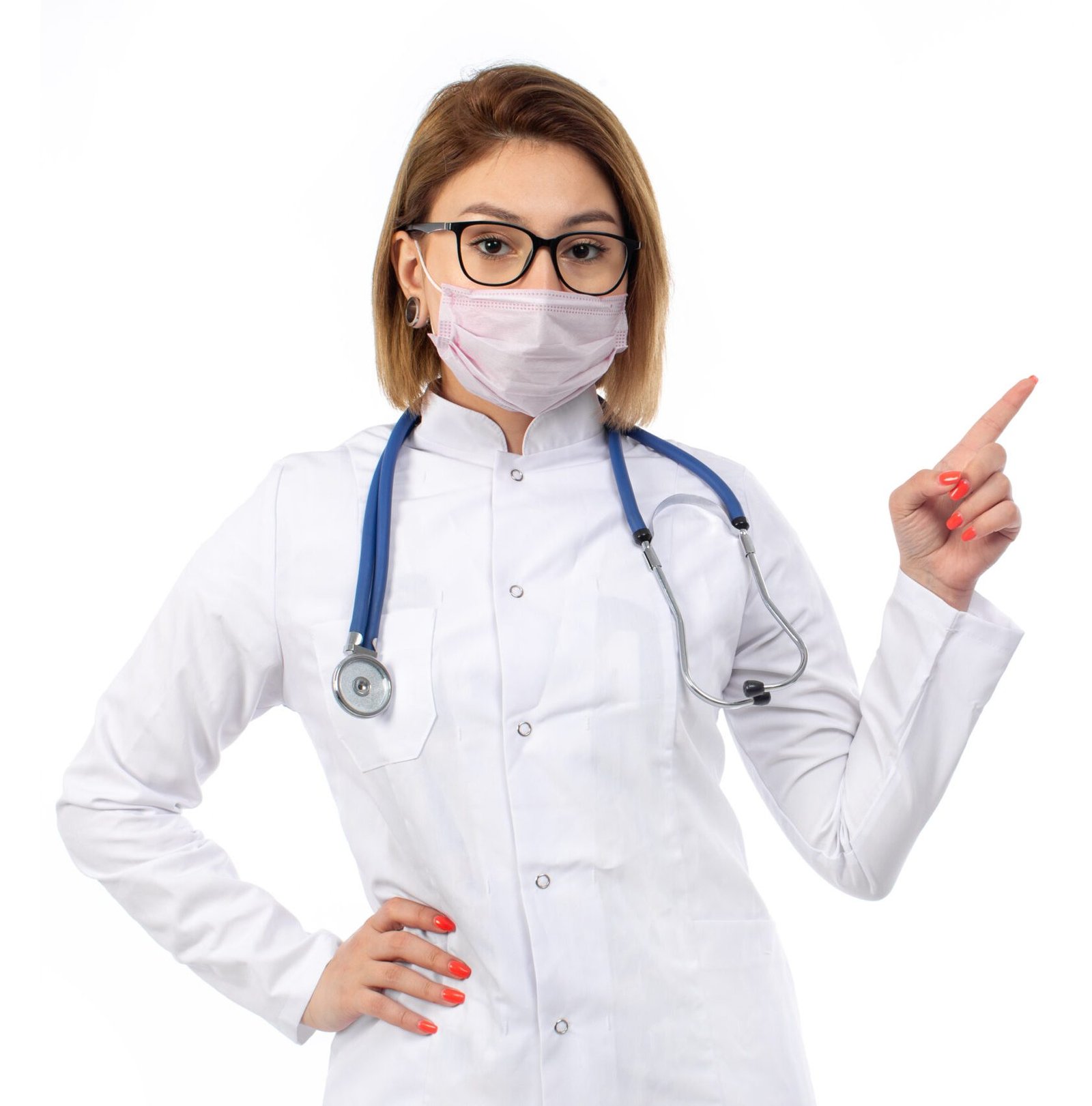 a-front-view-young-female-doctor-in-white-medical-suit-with-stethoscope-wearing-white-protective-mask-on-the-white